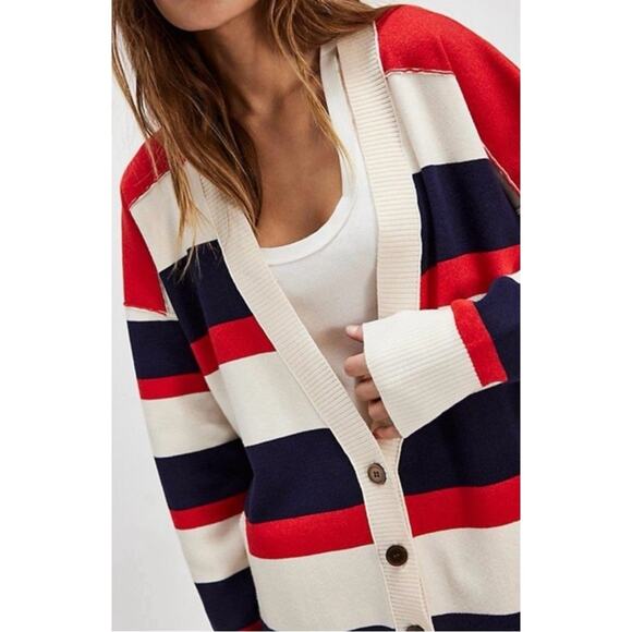 Free People League Of Her Own Cardigan Sweater Americana Stripes Preppy Large - Picture 5 of 13
